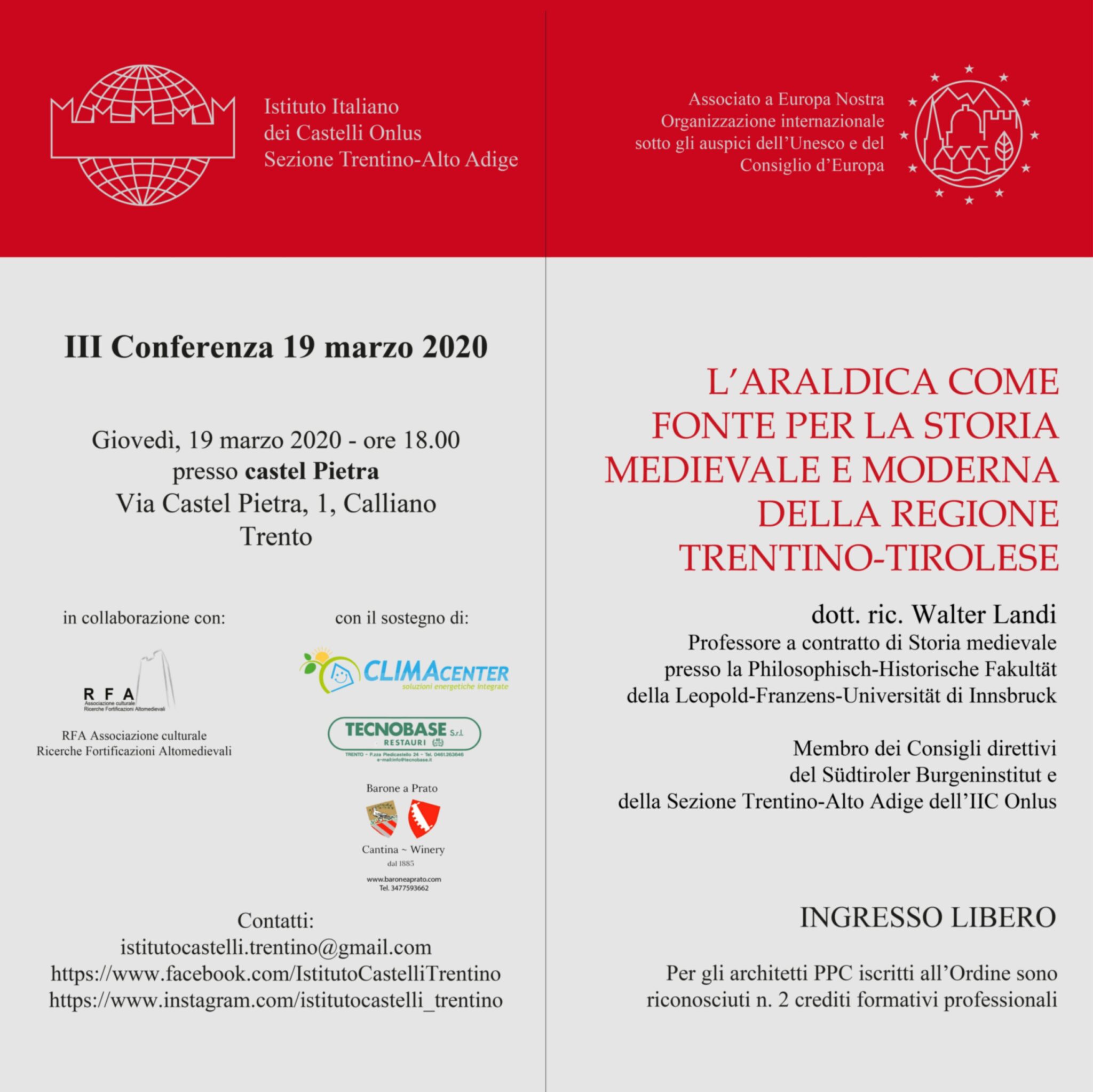 Sezione Trentino-Alto Adige – Conferenza: L’araldica come fonte per la storia medievale e moderna della regione Trentino-Tirolese (RINVIATA)