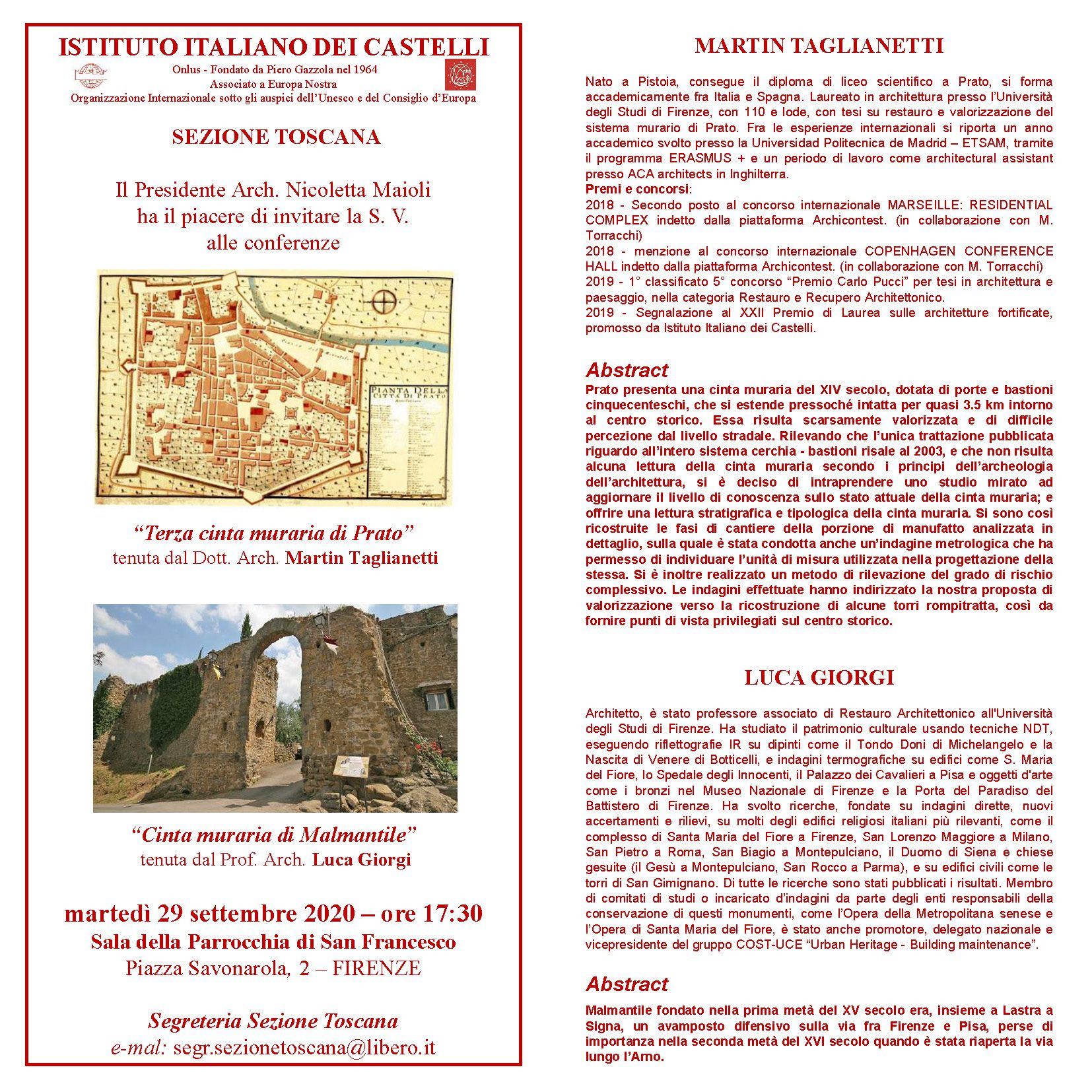 Sezione Toscana – Conferenze: “Terza cinta muraria di Prato” e “Cinta muraria di Malmantile”