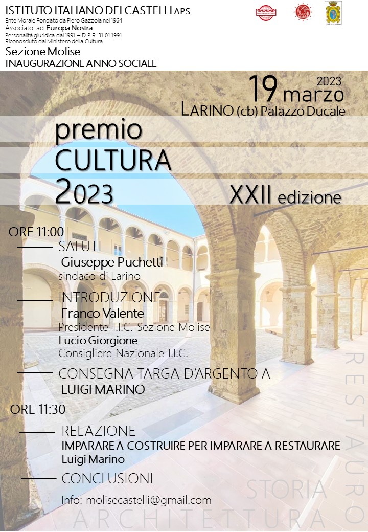 L’Istituto Italiano dei Castelli APS Sezione Molise assegna la Targa d’argento 2023 “Premio Cultura” al Prof. Arch. Luigi Marino.