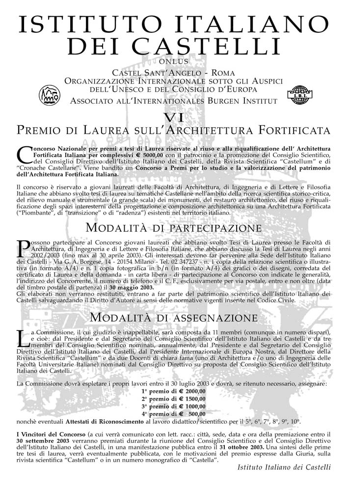 VI Premio di Laurea sull’Architettura Fortificata