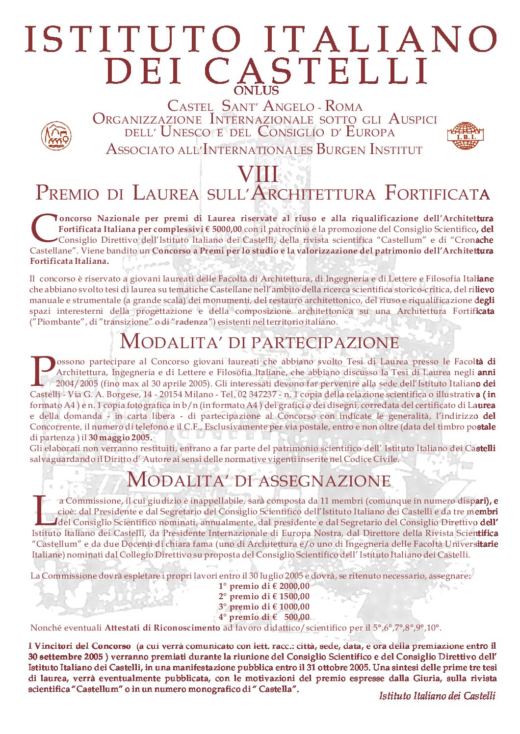 VIII Premio di Laurea sull’Architettura Fortificata