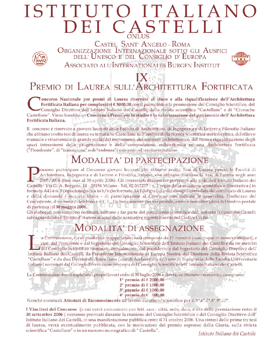 IX Premio di Laurea sull’Architettura Fortificata