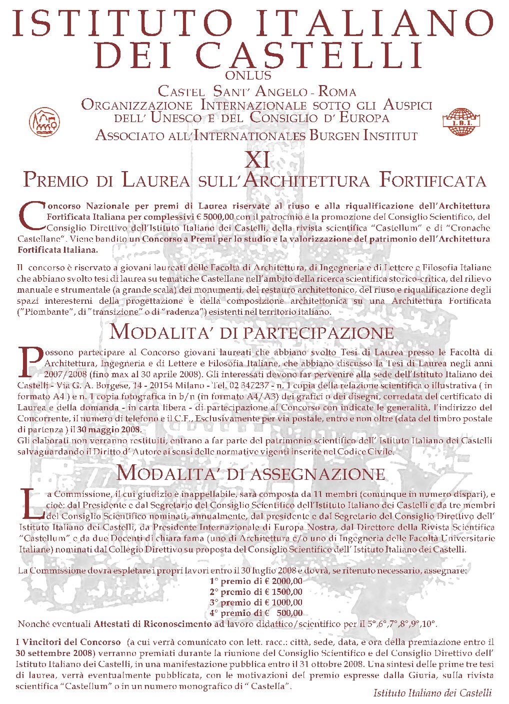 XI Premio di Laurea sull’Architettura Fortificata