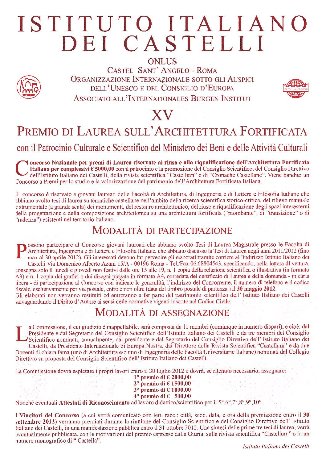 XV Premio di Laurea sull’Architettura Fortificata